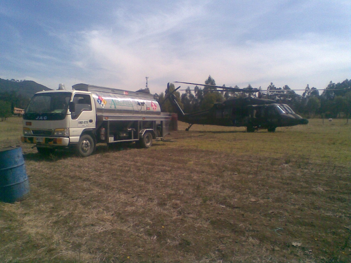 Aerofull fuel tanker supporting a military helicopter in a remote field