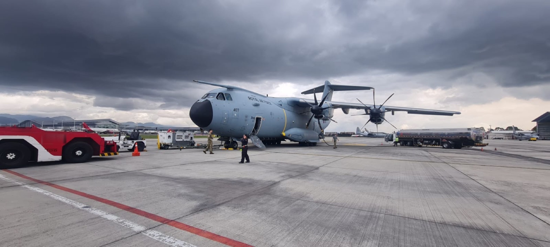Royal Air Force aircraft being serviced by an Aerofull fuel truck on the tarmac